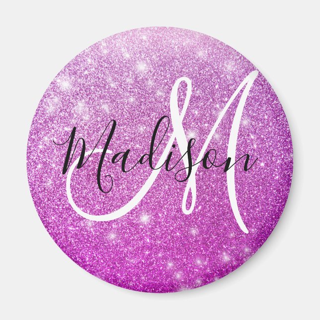 Girly & Glam Lila Glitter Sparkles Monogram Namn Magnet (Framsidan)