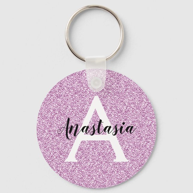 Girly Glam Lila Glitter Sparkles Monogram Namn Nyckelring (Framsida)