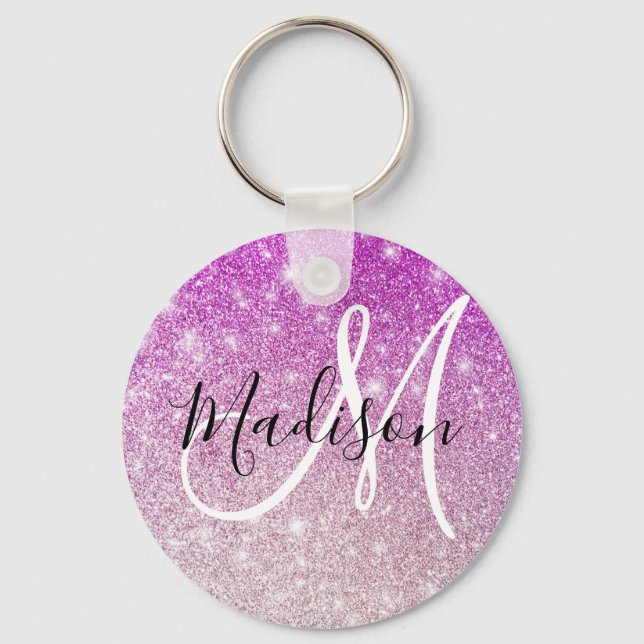 Girly & Glam Lila Glitter Sparkles Monogram Namn Nyckelring (Framsida)