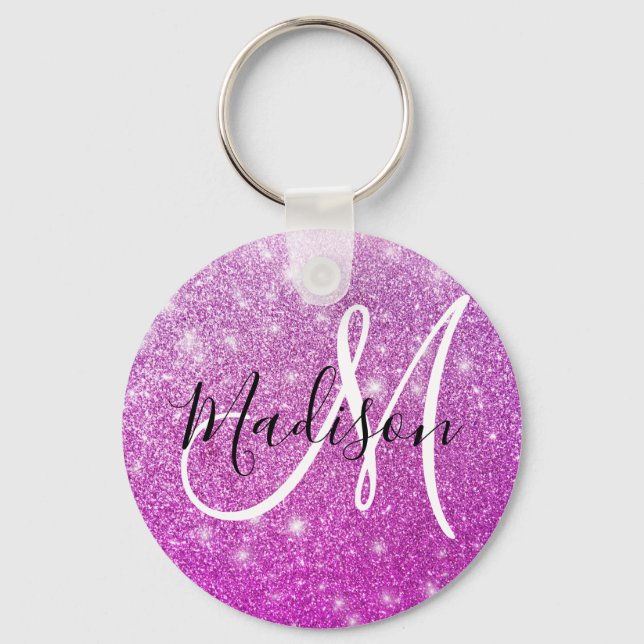 Girly & Glam Lila Glitter Sparkles Monogram Namn Nyckelring (Framsida)