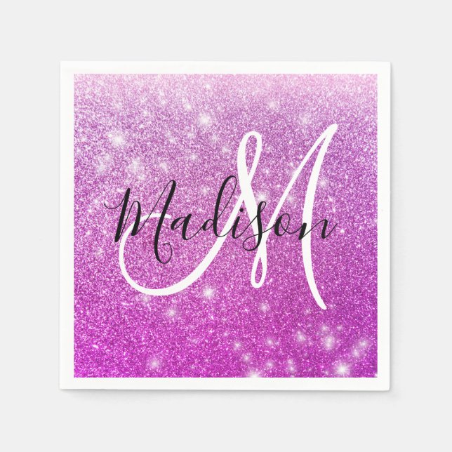 Girly & Glam Lila Glitter Sparkles Monogram Namn Pappersservett (Framsidan)