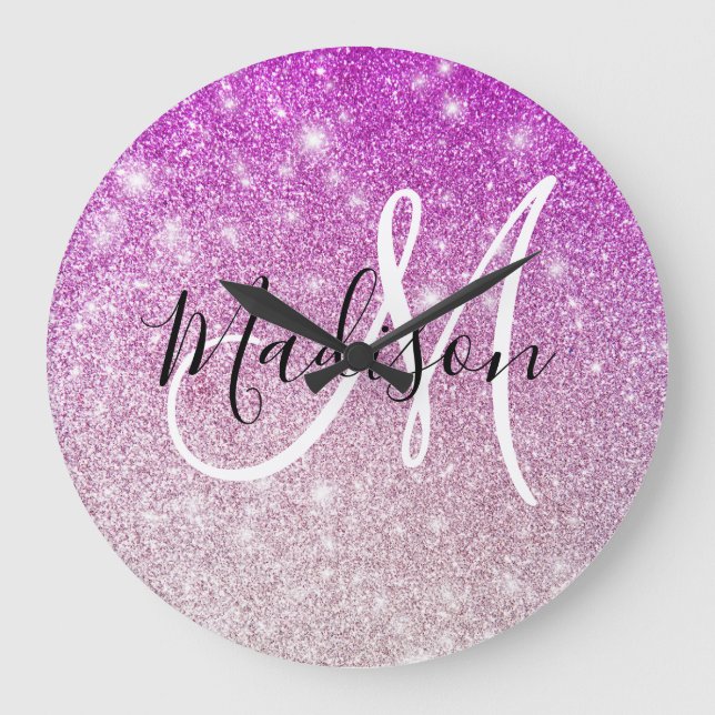 Girly & Glam Lila Glitter Sparkles Monogram Namn Stor Klocka (Framsida)
