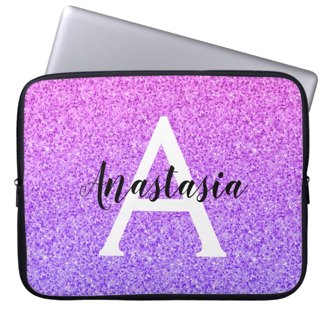 Girly Glam Ombre Lila Glitter Sparkles Monogram Laptop Fodral (Framsidan)