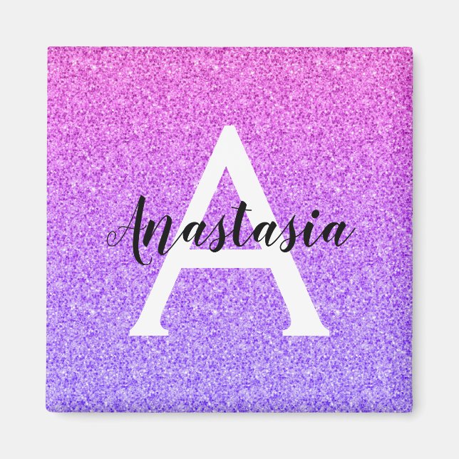 Girly Glam Ombre Lila Glitter Sparkles Monogram Magnet (Framsidan)