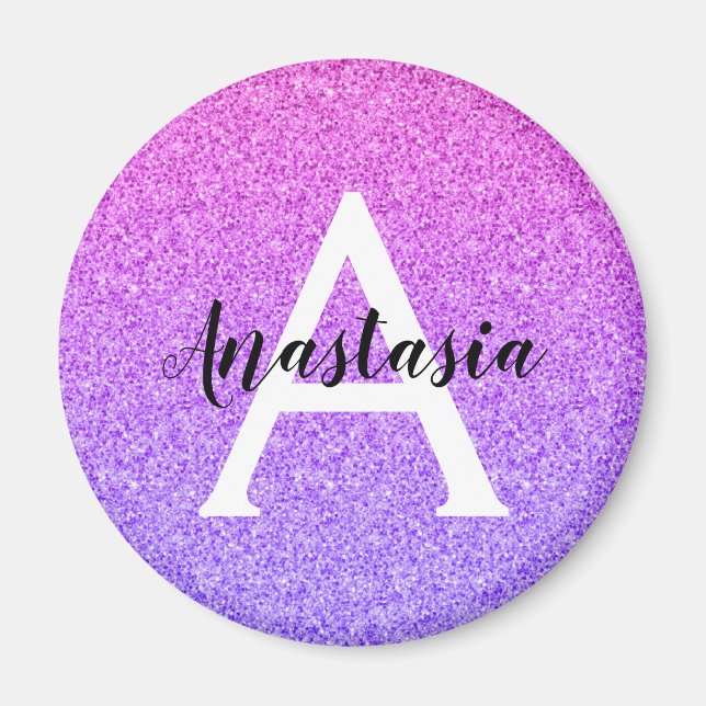 Girly Glam Ombre Lila Glitter Sparkles Monogram Magnet (Framsidan)
