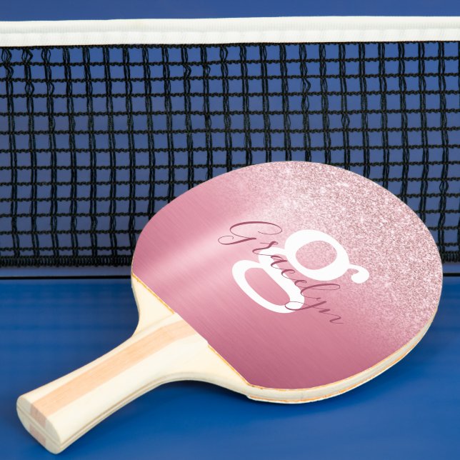 Girly Glam Ro Rosa Glitter Monogram-skript Namn Pingisracket (Insitu)