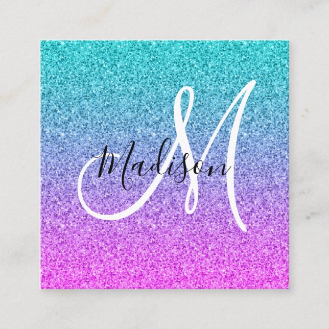 Girly Glam Rosa Blue Lila Glitter Ombre Monogram Fyrkantigt Visitkort (Framsida)