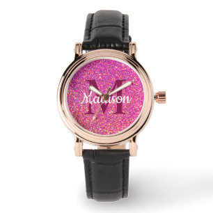 Girly Glam Rosa Glitter Chic Monogram Namn Armbandsur