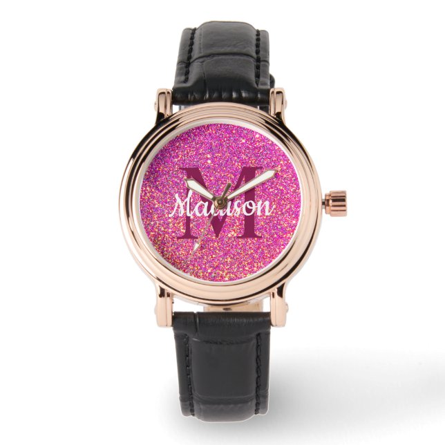 Girly Glam Rosa Glitter Chic Monogram Namn Armbandsur (Framsida)