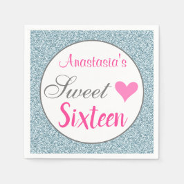 Girly & Glam Rosa Light Blue Glitter Sweet sixteen Pappersservett