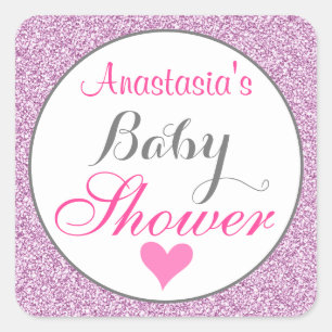 Girly & Glam Rosa Lilac Lila Glitter Baby Shower Fyrkantigt Klistermärke