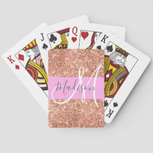 Girly Glam Rosa Peach Guld Glitter Monogram Namn Casinokort