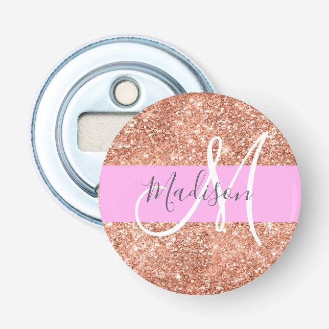Girly Glam Rosa Peach Guld Glitter Monogram Namn Flasköppnare (Framsidan)