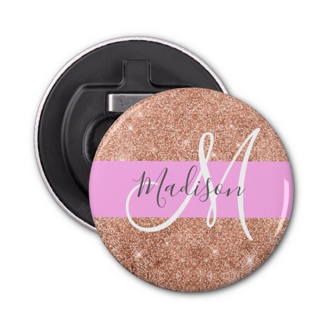 Girly Glam Rosa Peach Guld Glitter Monogram Namn Flasköppnare (Framsidan)