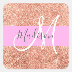 Girly Glam Rosa Peach Guld Glitter Monogram Namn Fyrkantigt Klistermärke