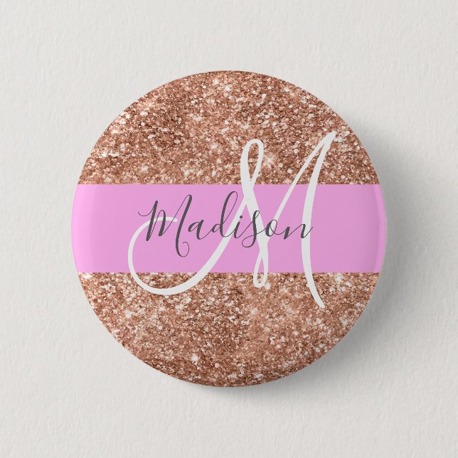 Girly Glam Rosa Peach Guld Glitter Monogram Namn Knapp (Framsida)