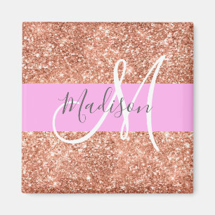 Girly Glam Rosa Peach Guld Glitter Monogram Namn Magnet