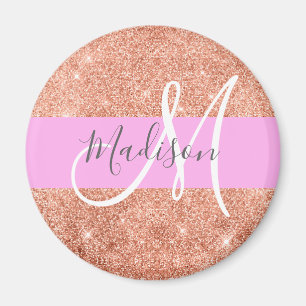Girly Glam Rosa Peach Guld Glitter Monogram Namn Magnet