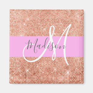 Girly Glam Rosa Peach Guld Glitter Monogram Namn Magnet