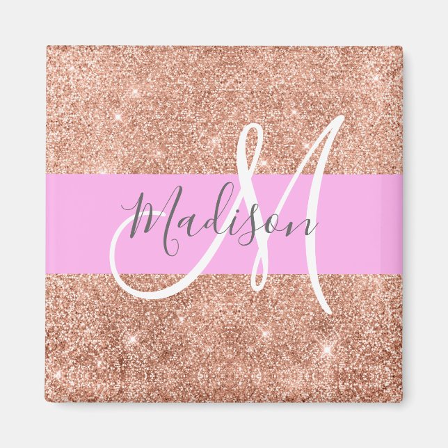 Girly Glam Rosa Peach Guld Glitter Monogram Namn Magnet (Framsidan)