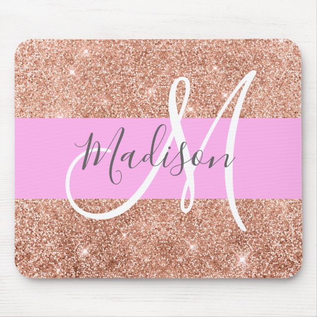 Girly Glam Rosa Peach Guld Glitter Monogram Namn Musmatta (Framsidan)