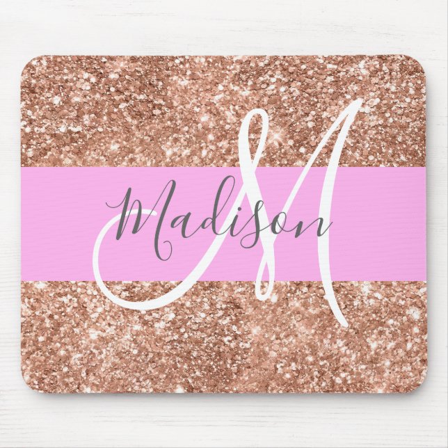 Girly Glam Rosa Peach Guld Glitter Monogram Namn Musmatta (Framsidan)