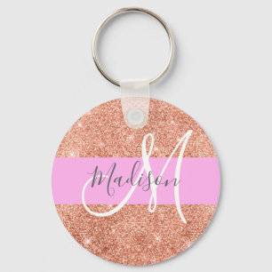 Girly Glam Rosa Peach Guld Glitter Monogram Namn Nyckelring