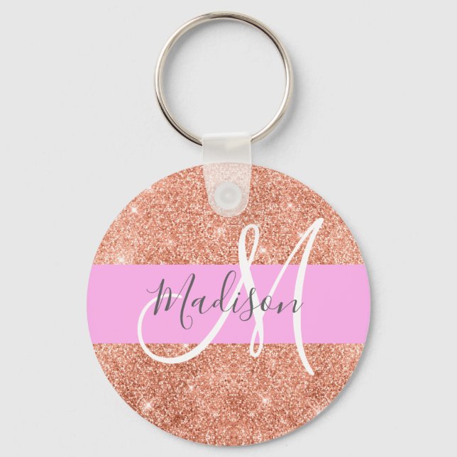 Girly Glam Rosa Peach Guld Glitter Monogram Namn Nyckelring (Framsida)