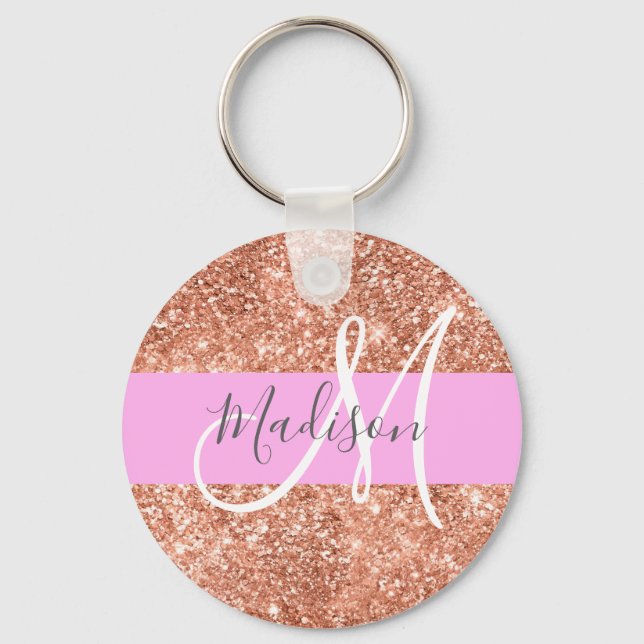 Girly Glam Rosa Peach Guld Glitter Monogram Namn Nyckelring (Framsida)