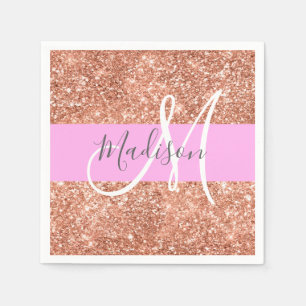 Girly Glam Rosa Peach Guld Glitter Monogram Namn Pappersservett