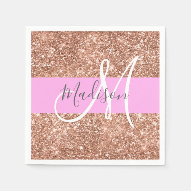 Girly Glam Rosa Peach Guld Glitter Monogram Namn Pappersservett (Framsidan)