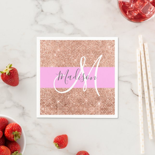 Girly Glam Rosa Peach Guld Glitter Monogram Namn Pappersservett (Insitu)