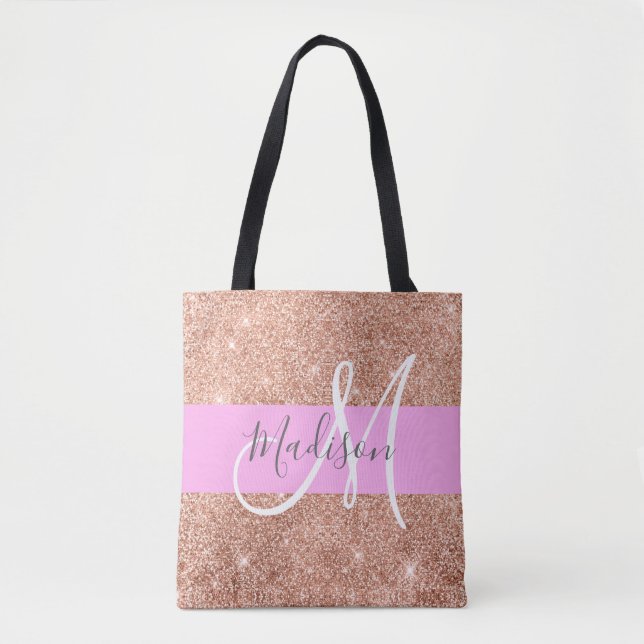 Girly Glam Rosa Peach Guld Glitter Monogram Namn Tygkasse (Framsida)