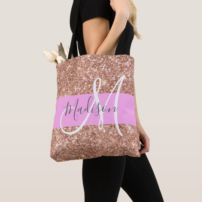 Girly Glam Rosa Peach Guld Glitter Monogram Namn Tygkasse (Närbild)