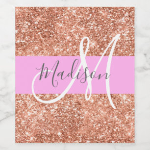 Girly Glam Rosa Peach Guld Glitter Monogram Namn Vinflaska Etikett