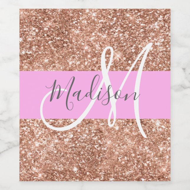 Girly Glam Rosa Peach Guld Glitter Monogram Namn Vinflaska Etikett (Singel etikett)