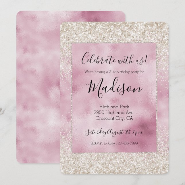 Girly Glam Rosa White Glitter Gnistra Inbjudningar (Fram/baksida)