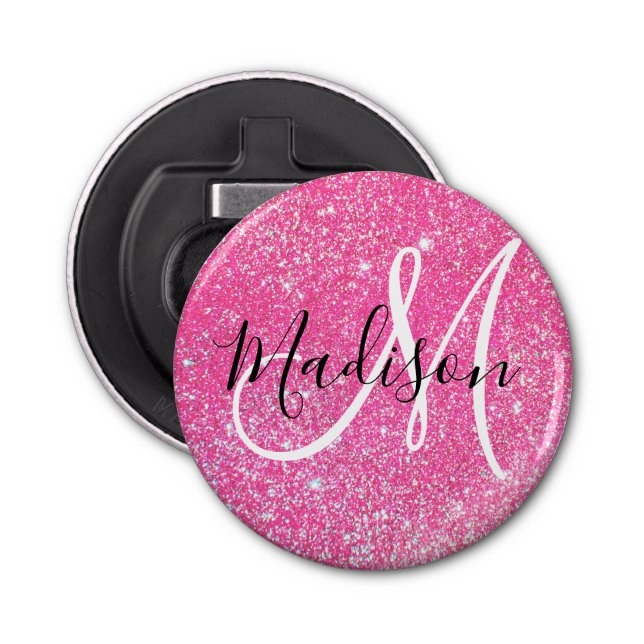 Girly Glam Shock rosa Glitter Sparkles Monogram Na Flasköppnare (Framsidan)