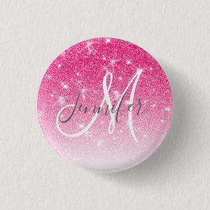 Girly Glam Shock rosa Glitter Sparkles Monogram Na Knapp