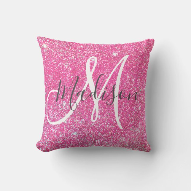 Girly Glam Shock rosa Glitter Sparkles Monogram Na Kudde (Framsida)