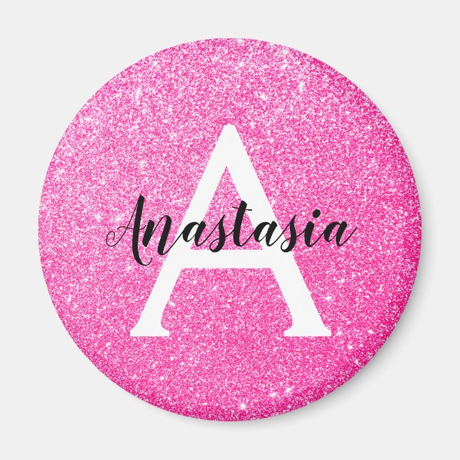 Girly Glam Shock rosa Glitter Sparkles Monogram Na Magnet (Framsidan)