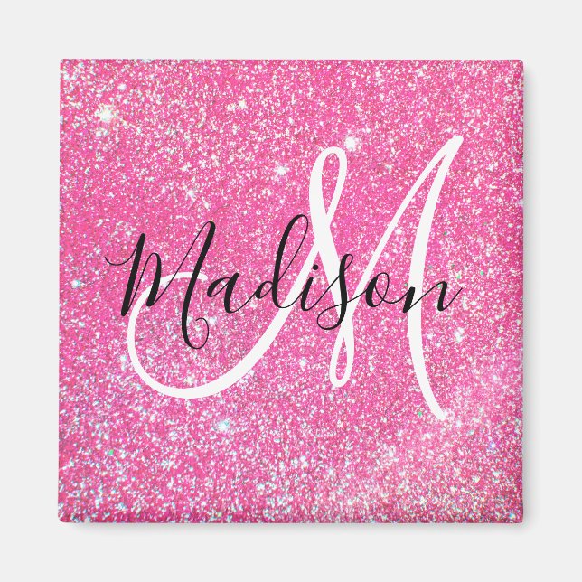Girly Glam Shock rosa Glitter Sparkles Monogram Na Magnet (Framsidan)
