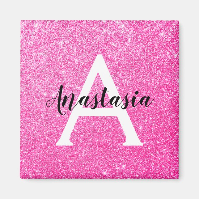 Girly Glam Shock rosa Glitter Sparkles Monogram Na Magnet (Framsidan)