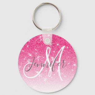 Girly Glam Shock rosa Glitter Sparkles Monogram Na Nyckelring
