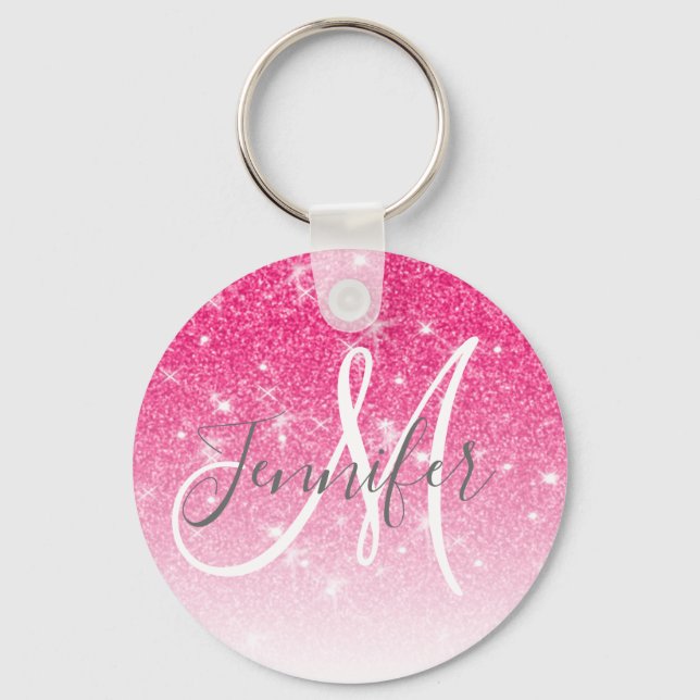 Girly Glam Shock rosa Glitter Sparkles Monogram Na Nyckelring (Framsida)