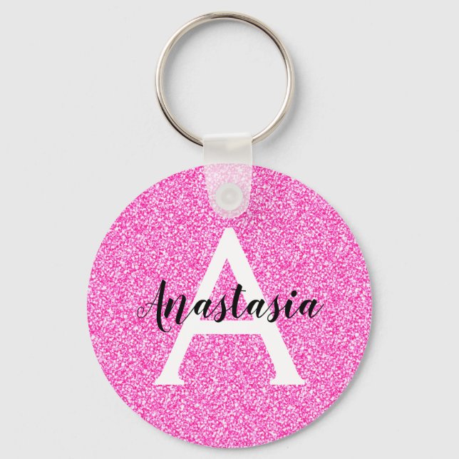 Girly Glam Shock rosa Glitter Sparkles Monogram Na Nyckelring (Framsida)