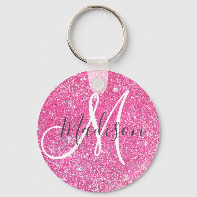 Girly Glam Shock rosa Glitter Sparkles Monogram Na Nyckelring (Framsida)