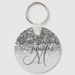 Girly Glam Silver Glitter Luxury Monogram Namn Nyckelring