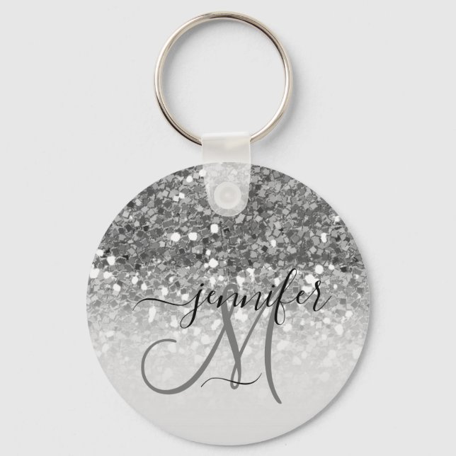 Girly Glam Silver Glitter Luxury Monogram Namn Nyckelring (Framsida)