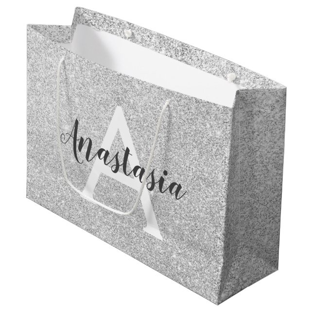 Girly Glam Silver Glitter Sparkles Monogram Namn (Framsidan Vinklad)